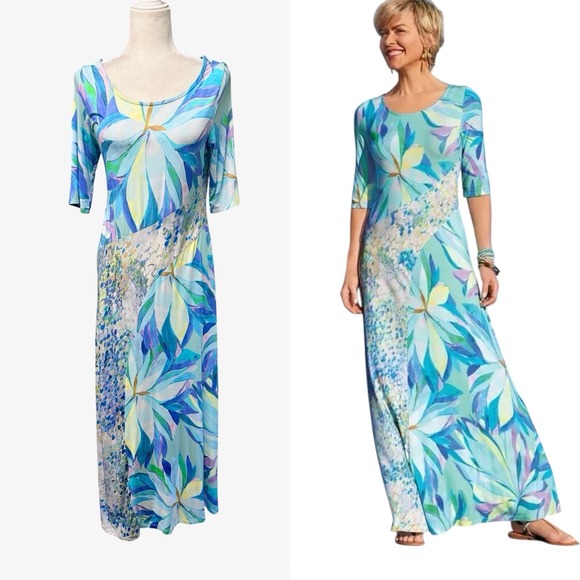 Soft Surroundings Dress Womens Sz‎ M P Maxi Floral Half Sleeve Scoop Neck Cruise - Picture 1 of 13